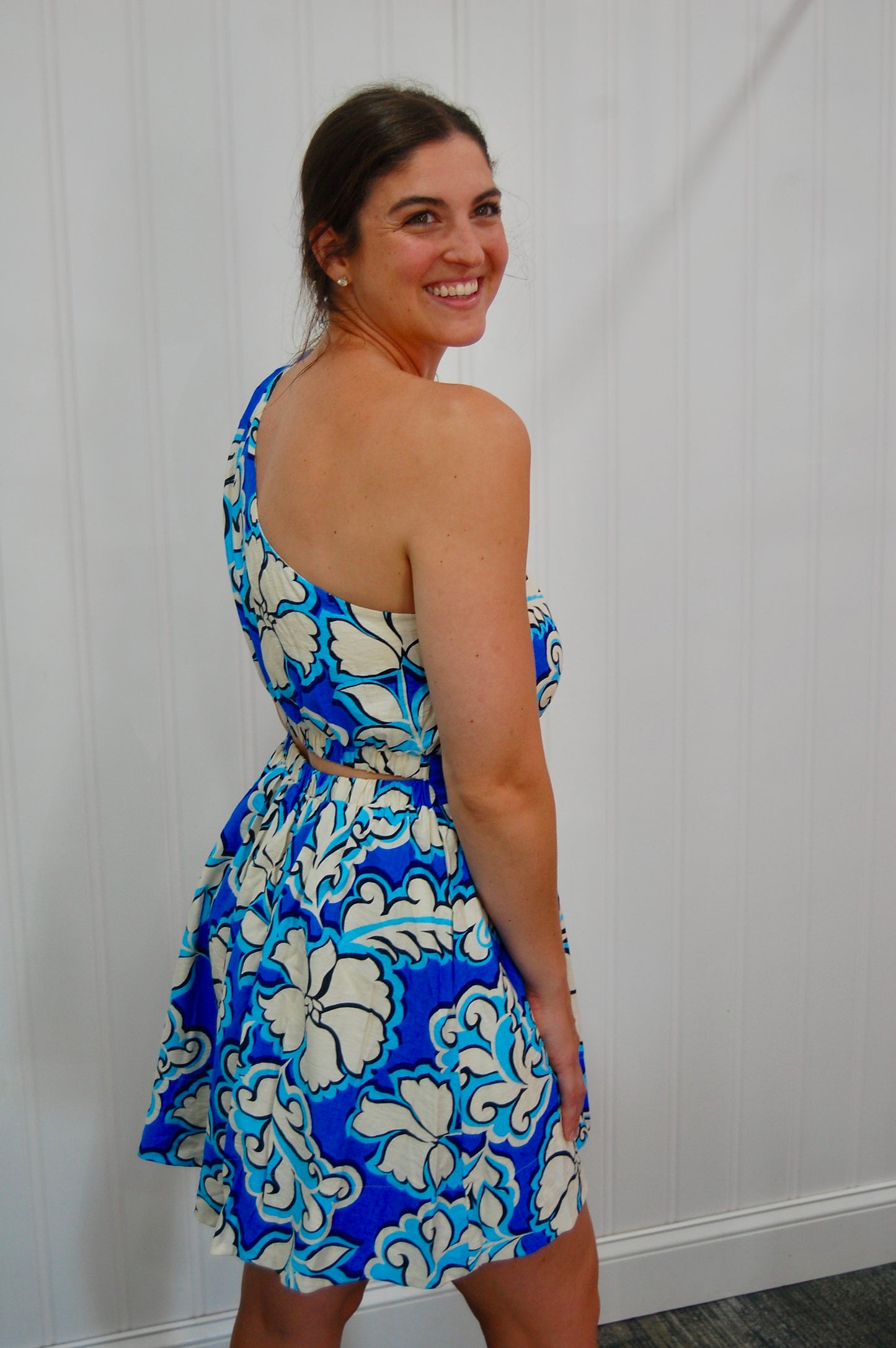 Blue Tropical Floral Print, One Shoulder Mini Dress - 'Hannah Dress'