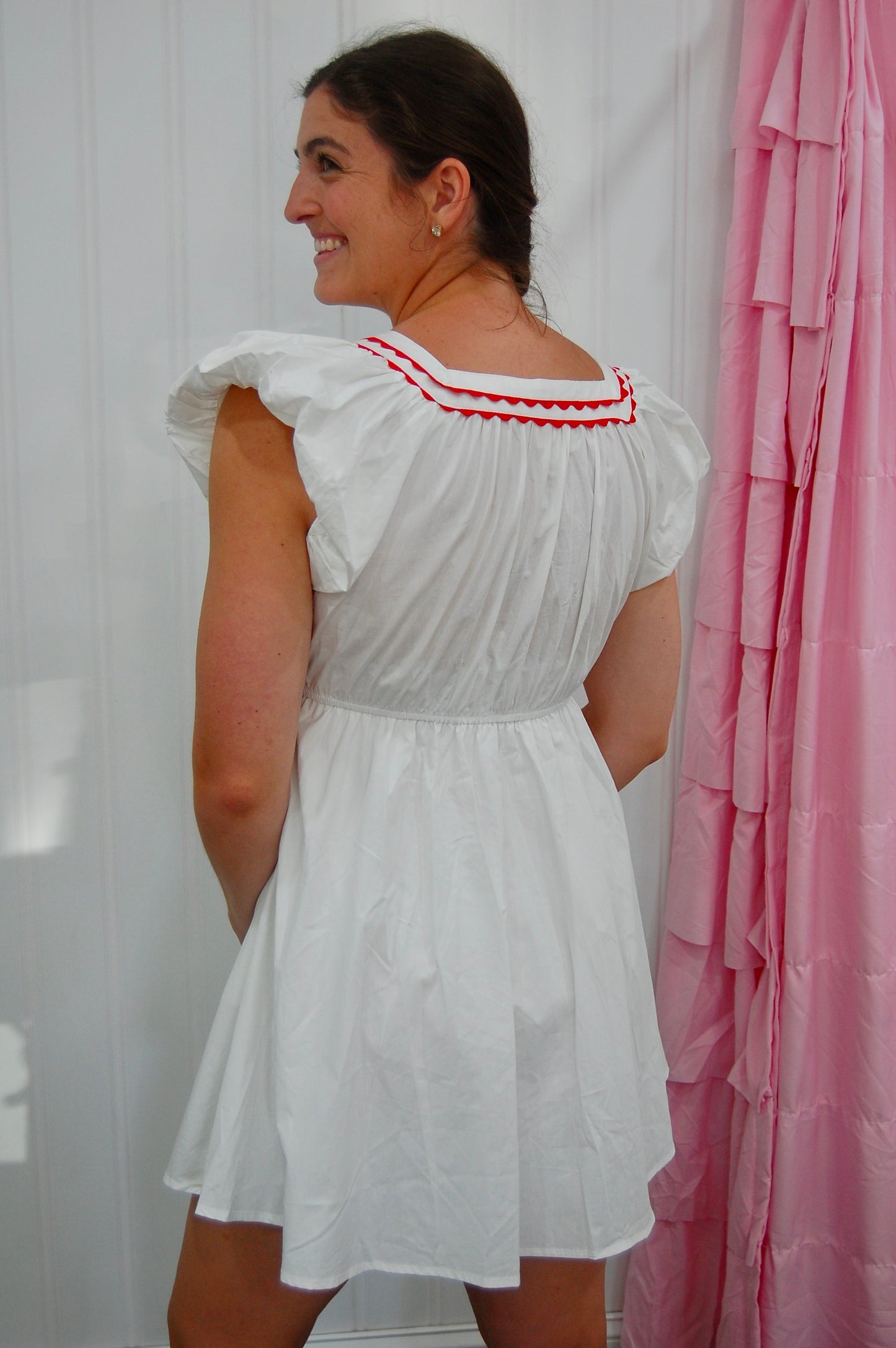 White Mini Dress with Puff Sleeve, Bows Down The Front & Red Detailing - 'Adeline Dress'