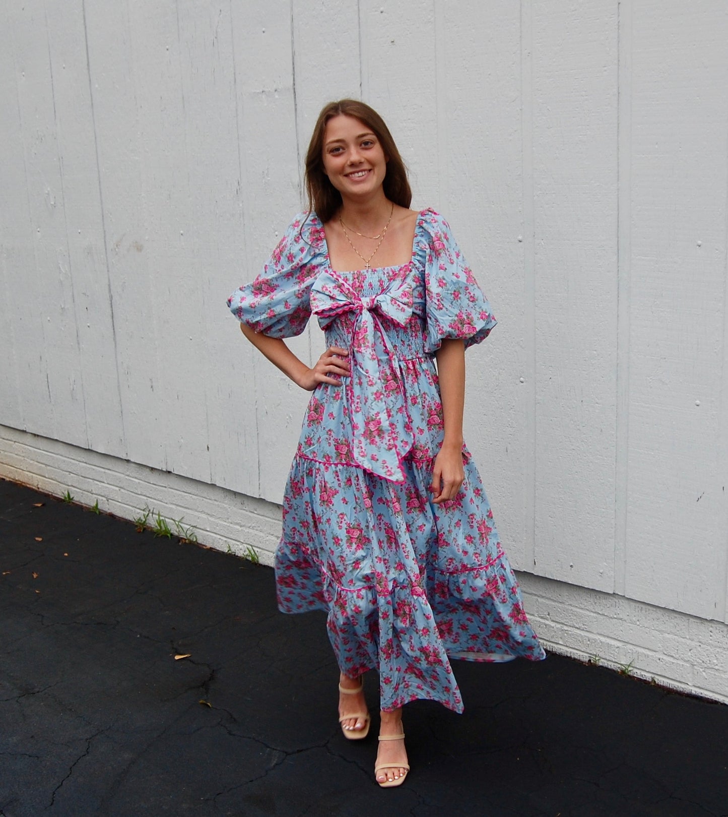 Blue Maxi Dress with Pink Floral Details, Ric Rac Trim & Bow - 'Charley Dress'