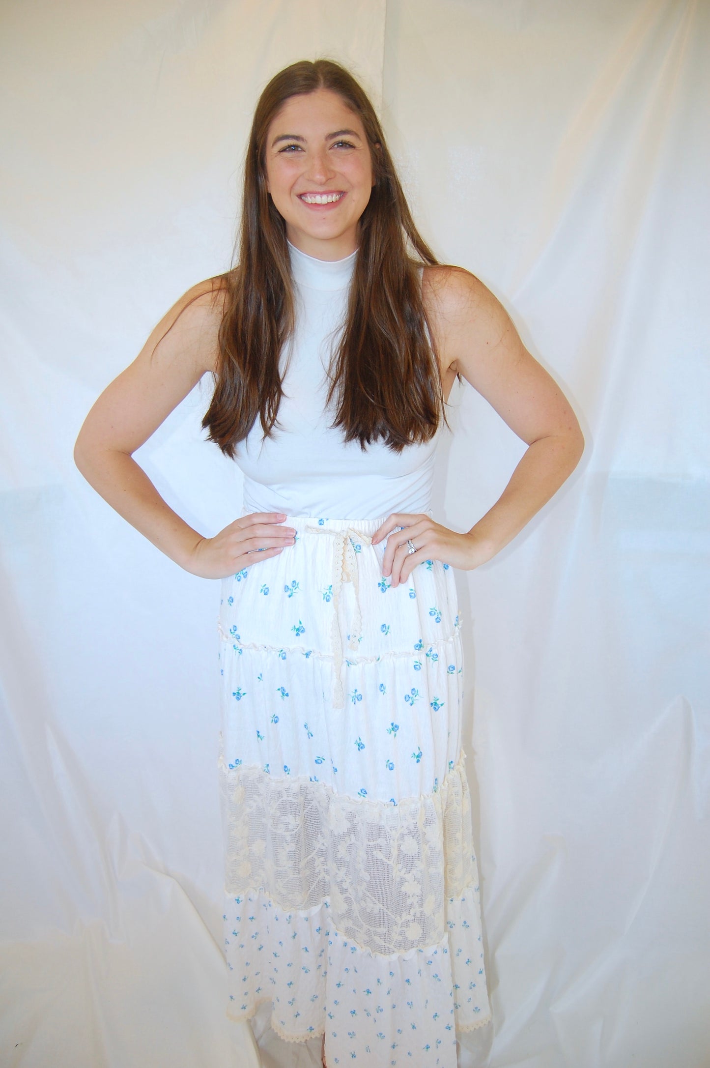 Cream Maxi Skirt with Lace & Blue Floral Detailing - 'Georgie Skirt'