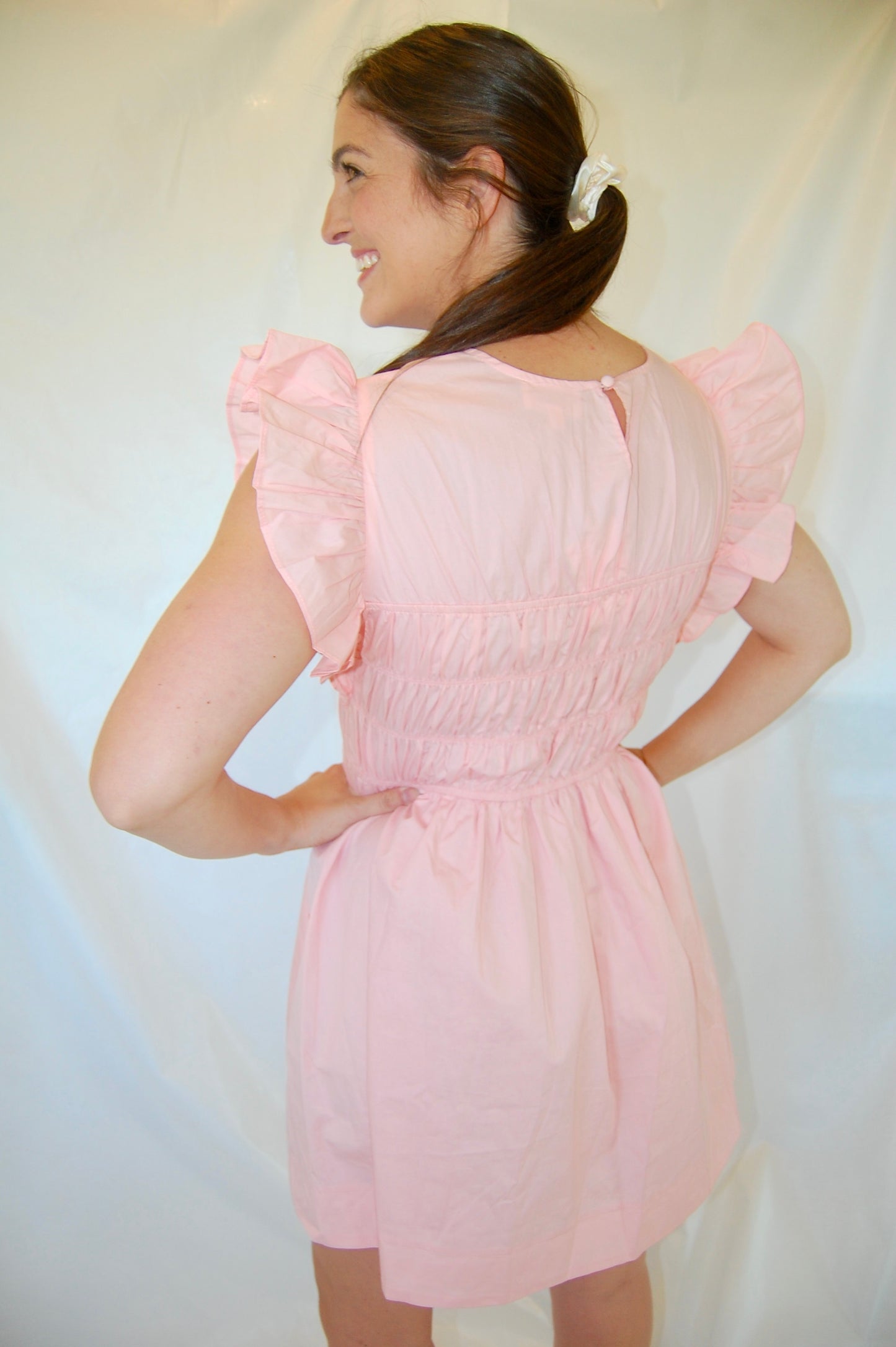 Blush Pink Smocked Neck Dress with Flutter Cap Sleeves - 'Maggie Dress'