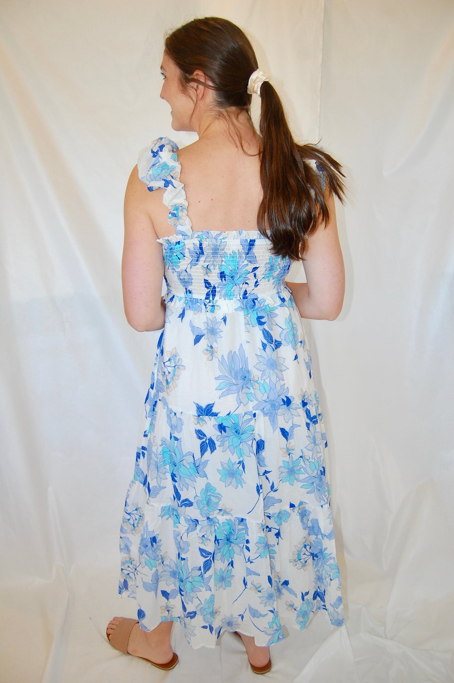 White Maxi Dress with Blue Floral Details & Ruffle Straps - 'Denise Dress'