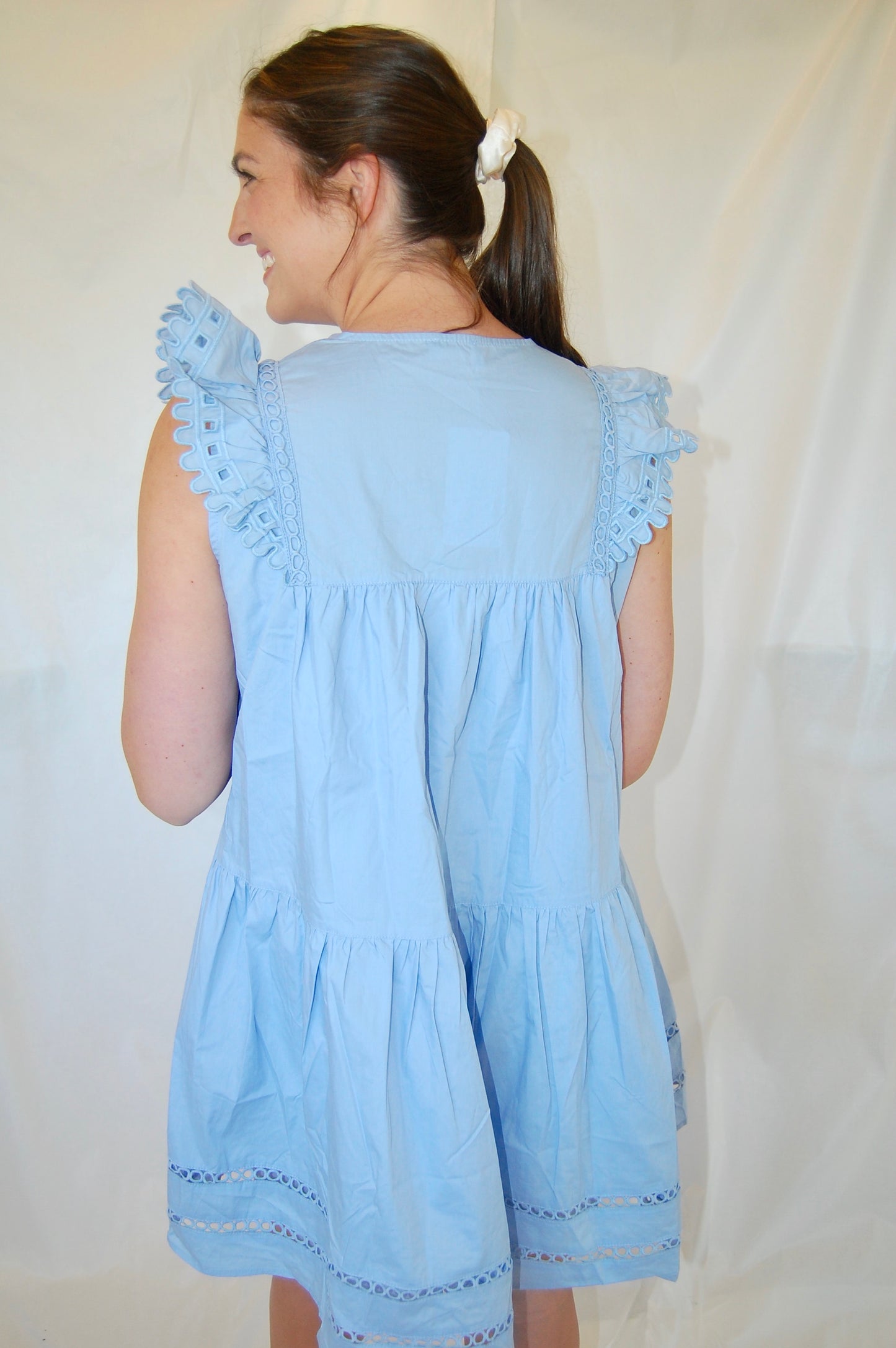 Feminine Blue Mini Dress with Eyelet Details, Pockets & Tassels - 'Joy Dress'