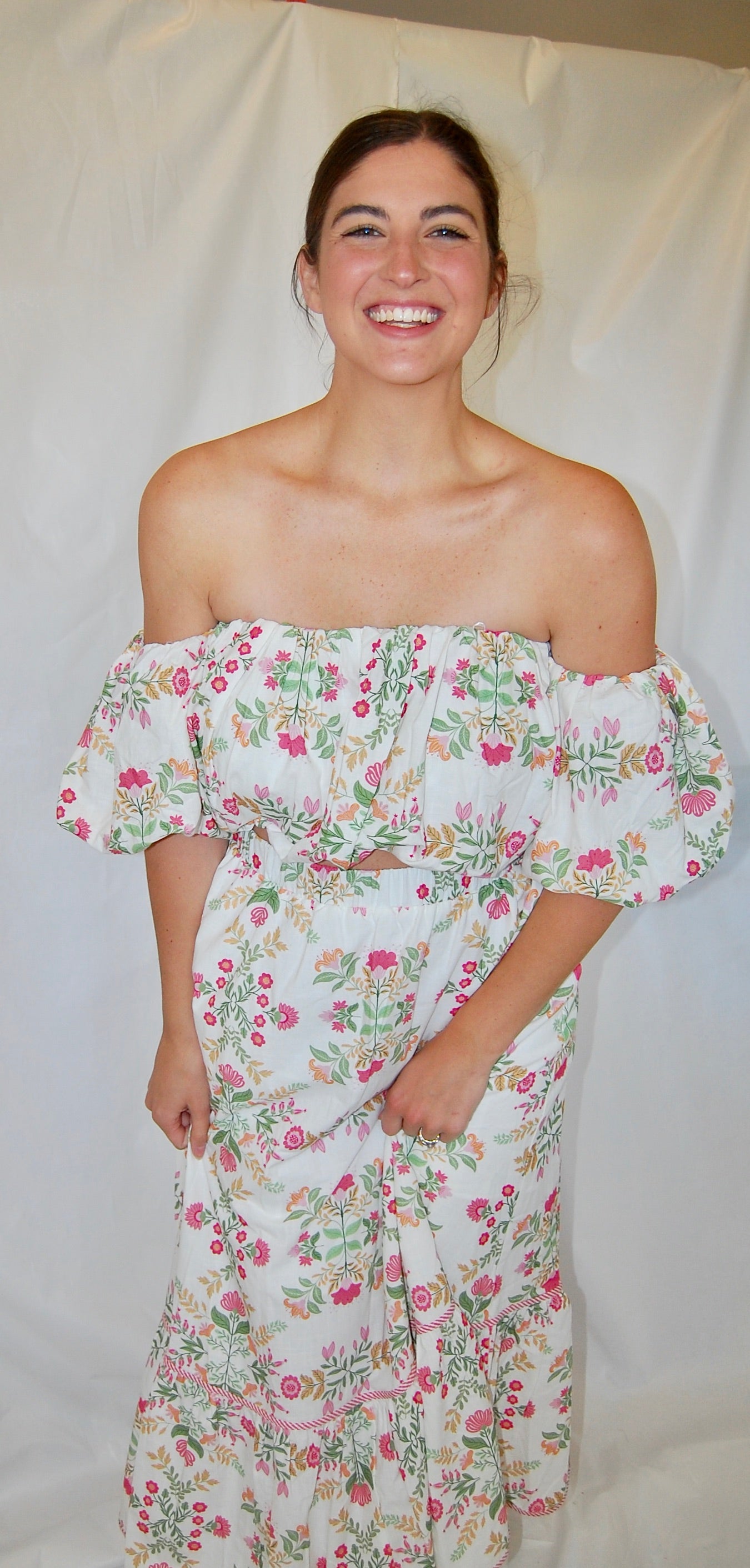 Ivory Matching Set with Pink & Green Floral Detailing & Off-The-Shoulder Top - 'Alexandra Set'