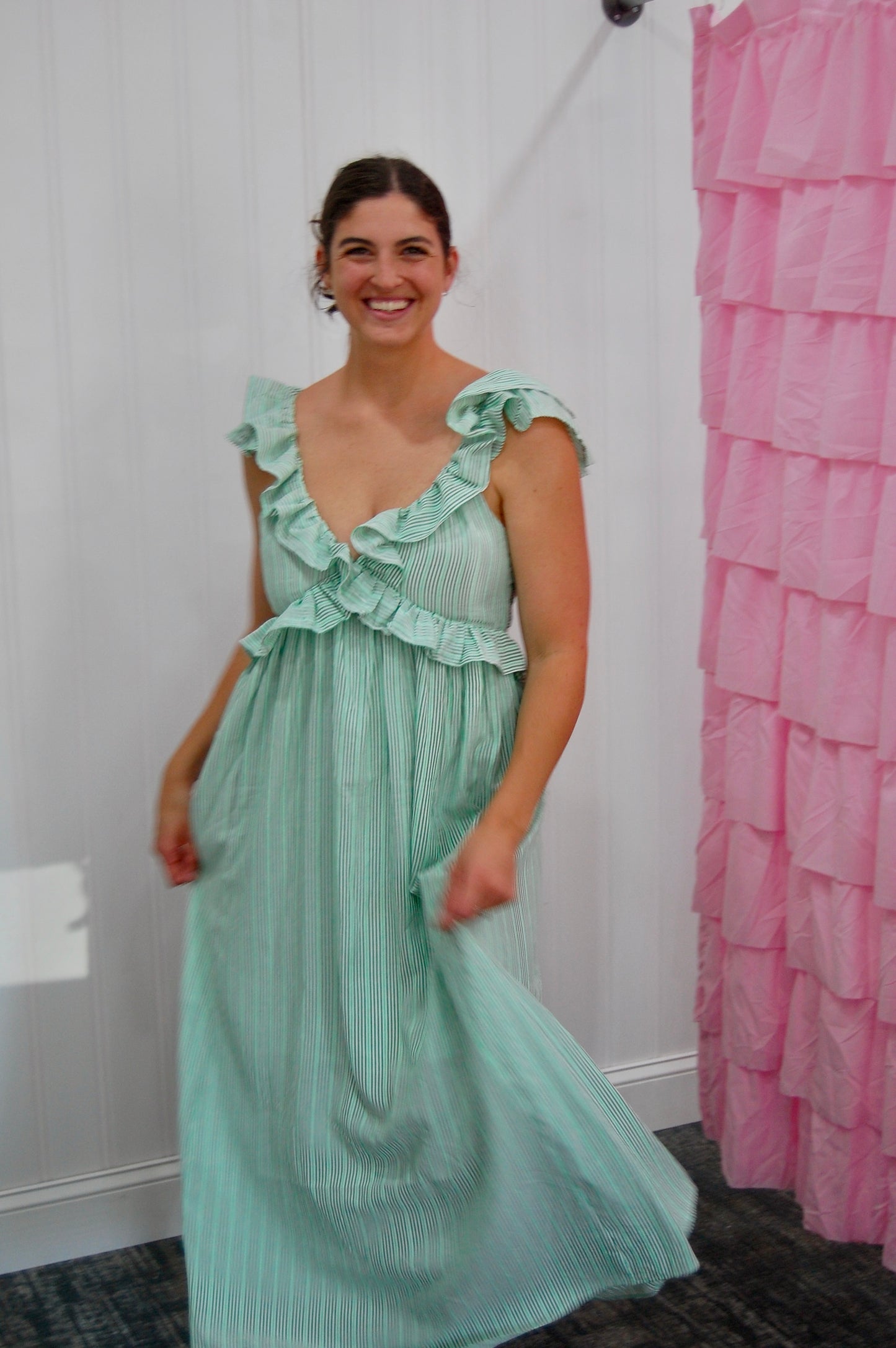 Green & White Striped Maxi Dress with Ruffle Detailing & Tie In Back - 'Evangeline Dress'