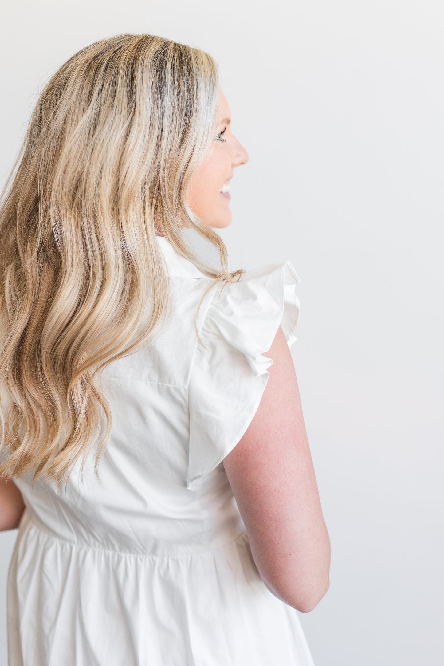 White Flutter Sleeve Mini Dress with Buttons Down The Front & Collar - 'Lily Dress'