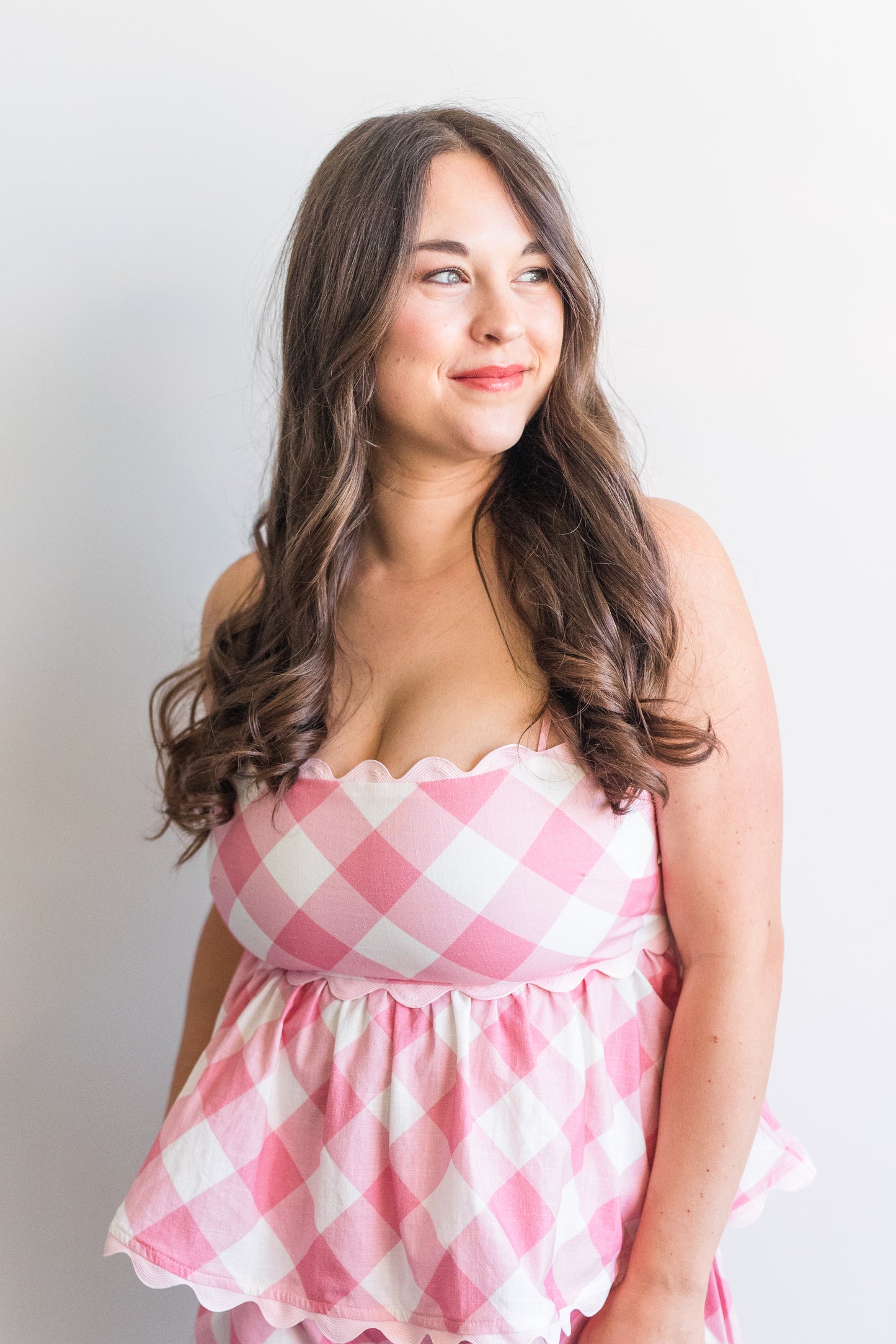 Pink & White Gingham Matching Set Featuring Spaghetti Strap, Peplum Tank & Scallop Detailing On Top & Bottom - 'Margot Matching Set'