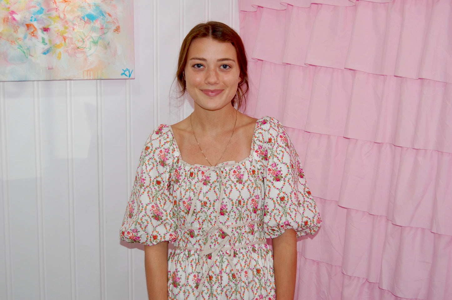 Off-White Poplin Maxi Dress with Floral Details & Puff Sleeve - 'Sabrina Dress'